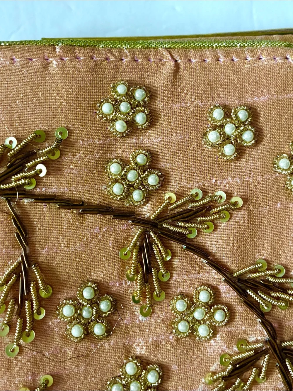 Embroidered Floral Satin Crossbody Clutch - Peach